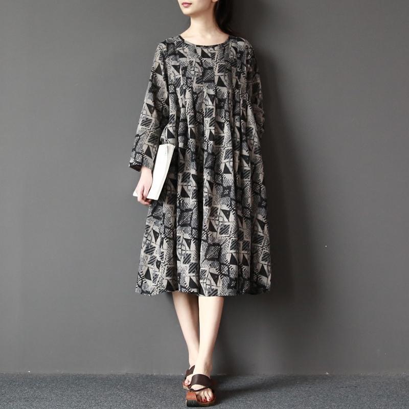 Boutique Gray Prints Linen Dress Loose Fitting Long Sleeve Cotton Dress Casual O Neck Linen Dresses - Omychic
