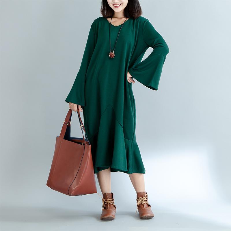 boutique green knit dresses oversized trumpet sleeves pullover women ruffles dress - Omychic