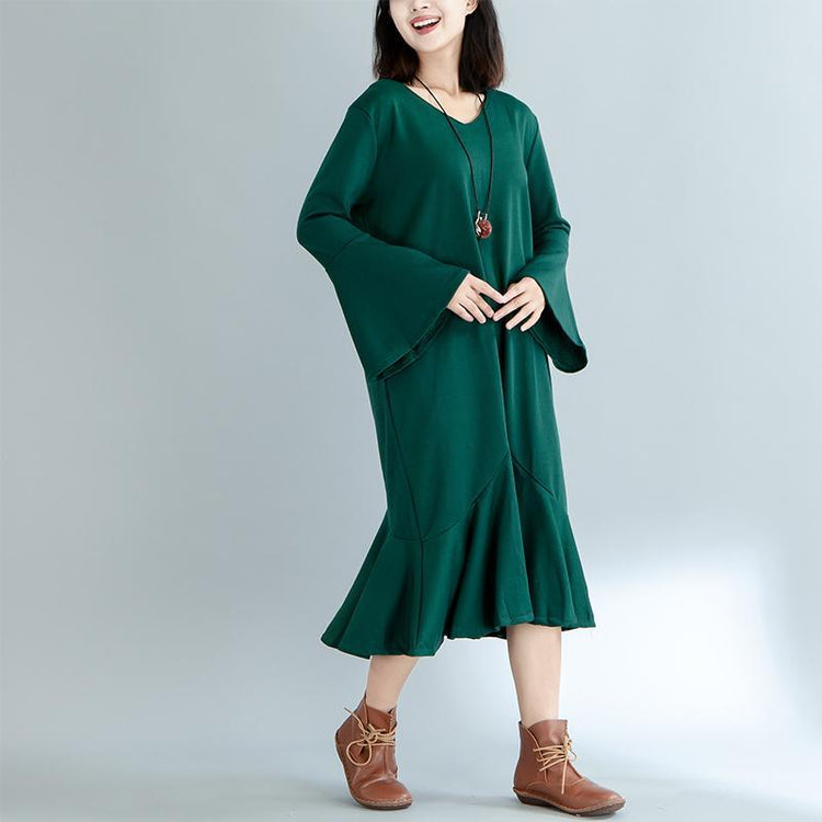 boutique green knit dresses oversized trumpet sleeves pullover women ruffles dress - Omychic