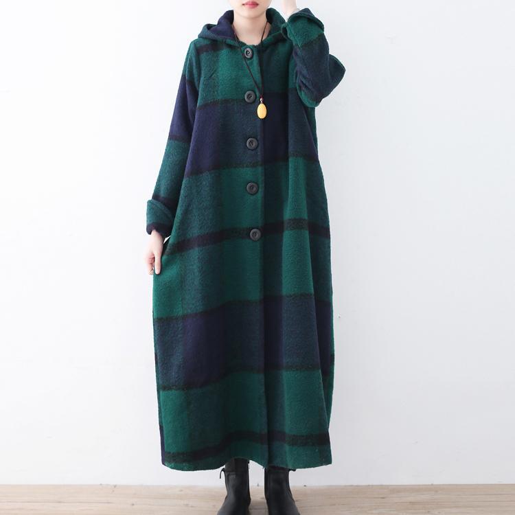Boutique Green Long Woolen Coats Winter Plus Size Cardigans Fashion Plaid Long Coats Hooded - Omychic