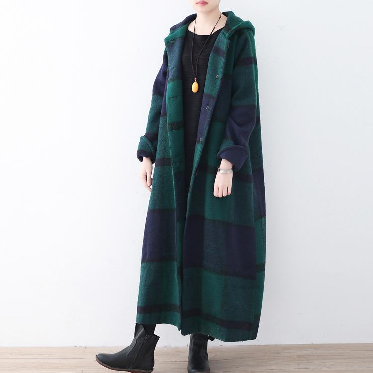 Boutique Green Long Woolen Coats Winter Plus Size Cardigans Fashion Plaid Long Coats Hooded - Omychic