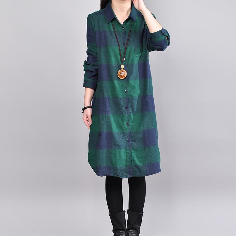 boutique green shirt cotton dress trendy plus size cotton maxi dress women long sleeve plaid cotton clothing - Omychic