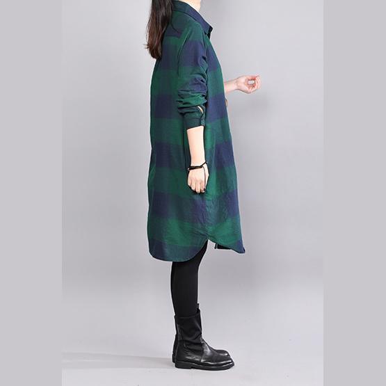 boutique green shirt cotton dress trendy plus size cotton maxi dress women long sleeve plaid cotton clothing - Omychic