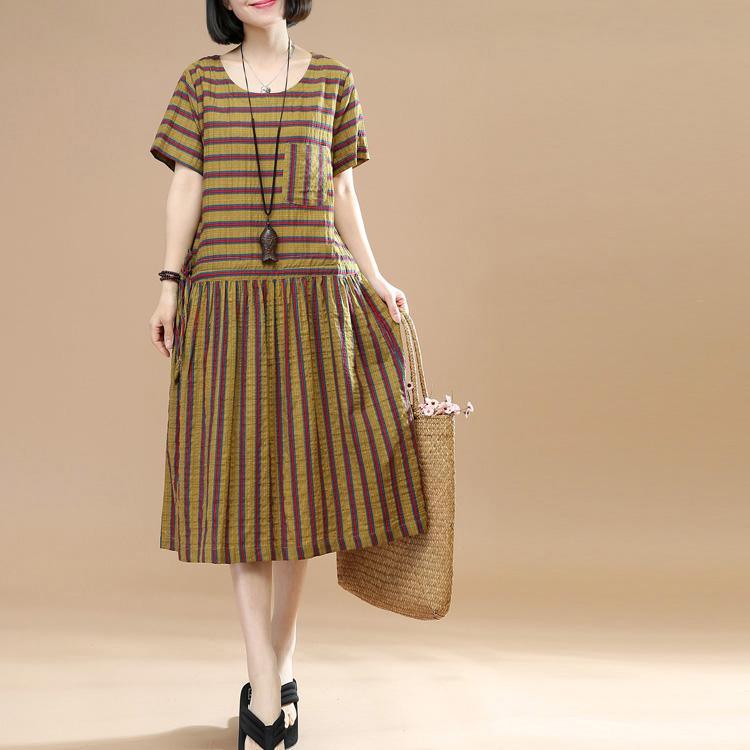 boutique khaki striped linen shift dresses plussize traveling dress casual drawstring short sleeve cotton dress - Omychic