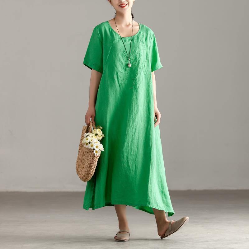boutique linen caftans oversize Casual Slit Short Sleeve Embroidery Summer Green Dress - Omychic