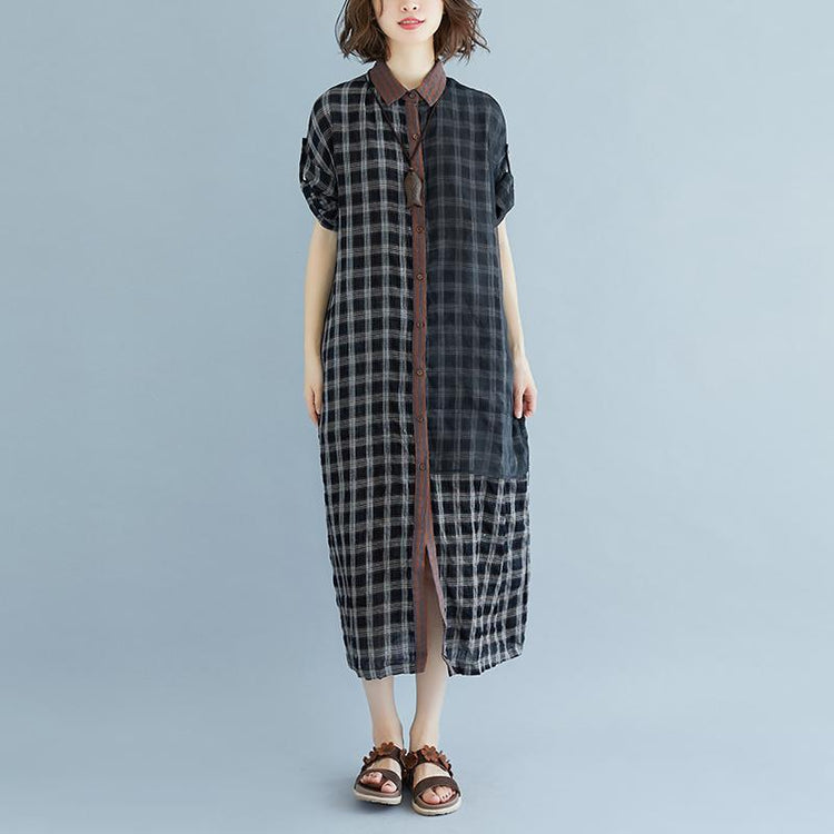 boutique linen summer dress Loose fitting Plaid Pocket Summer Casual Polo Neck Long Dress - Omychic