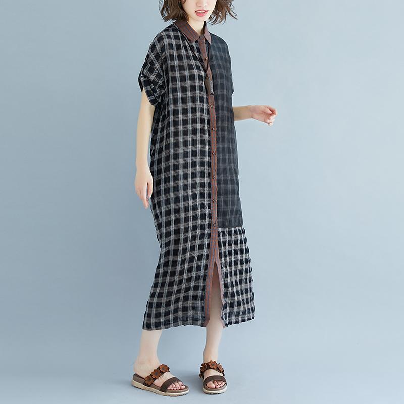 boutique linen summer dress Loose fitting Plaid Pocket Summer Casual Polo Neck Long Dress - Omychic