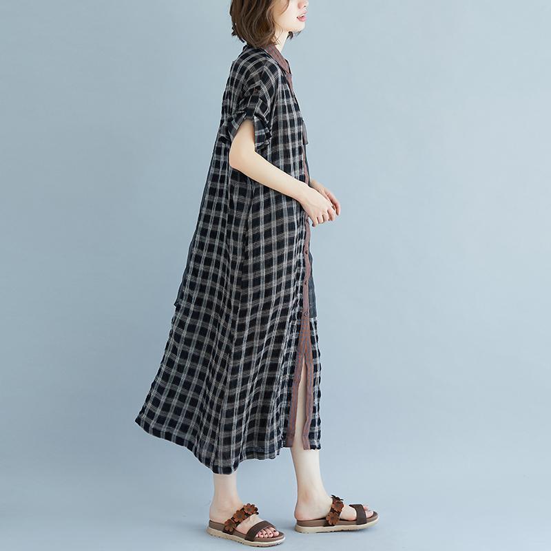 boutique linen summer dress Loose fitting Plaid Pocket Summer Casual Polo Neck Long Dress - Omychic