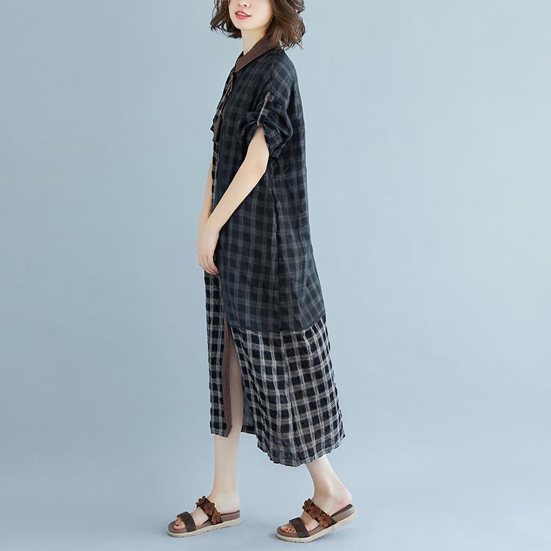 boutique linen summer dress Loose fitting Plaid Pocket Summer Casual Polo Neck Long Dress - Omychic