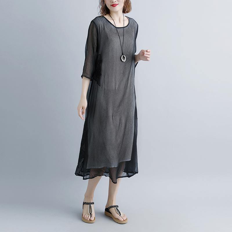 boutique long cotton dress oversized Summer Fake Two-piece Black Pockets Retro Dress - Omychic