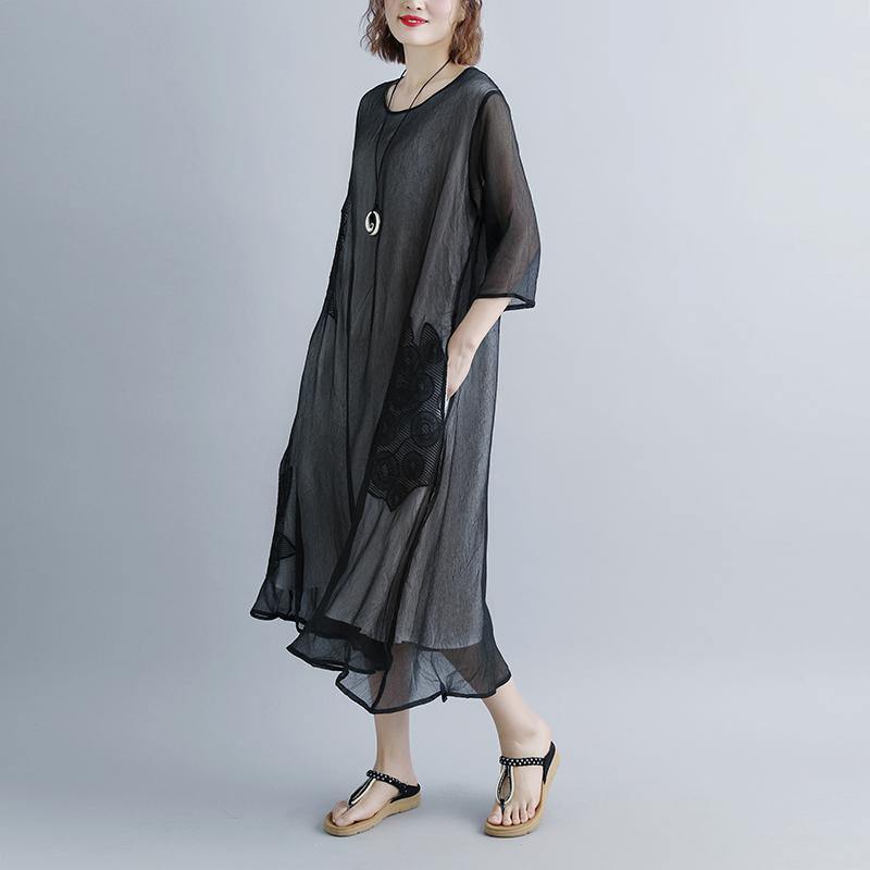 boutique long cotton dress oversized Summer Fake Two-piece Black Pockets Retro Dress - Omychic