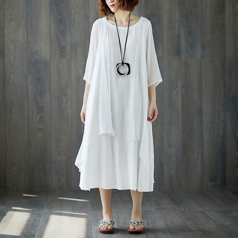 boutique maxi dress stylish Short Sleeve Summer Casual White Fake Two-piece Long Dress - Omychic
