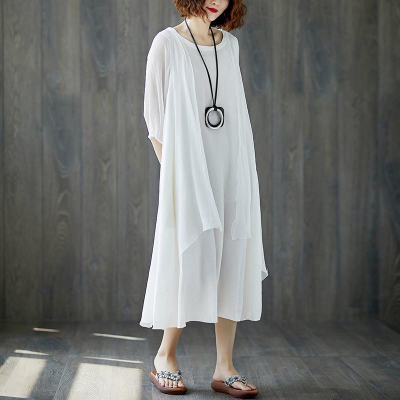 boutique maxi dress stylish Short Sleeve Summer Casual White Fake Two-piece Long Dress - Omychic
