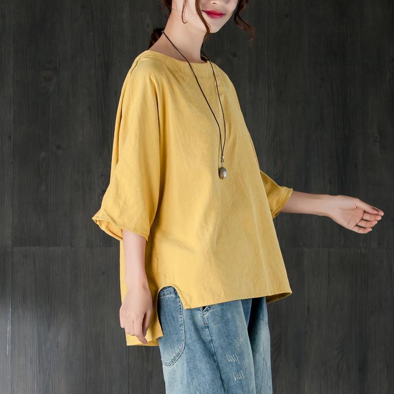 boutique natural cotton t shirt oversize  Loose Round Neck Shoulder Sleeve Yellow Tops - Omychic
