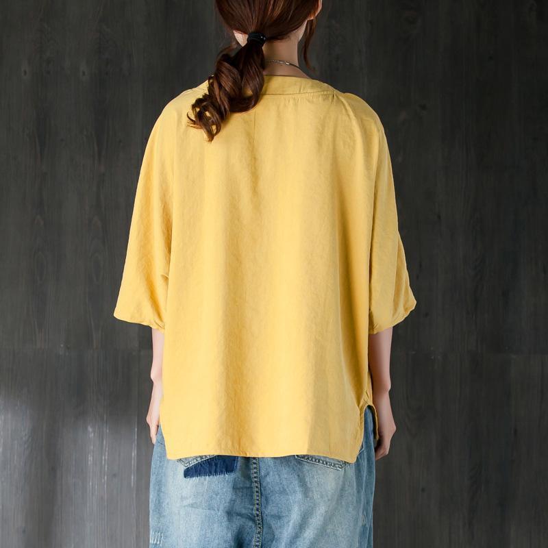 boutique natural cotton t shirt oversize  Loose Round Neck Shoulder Sleeve Yellow Tops - Omychic