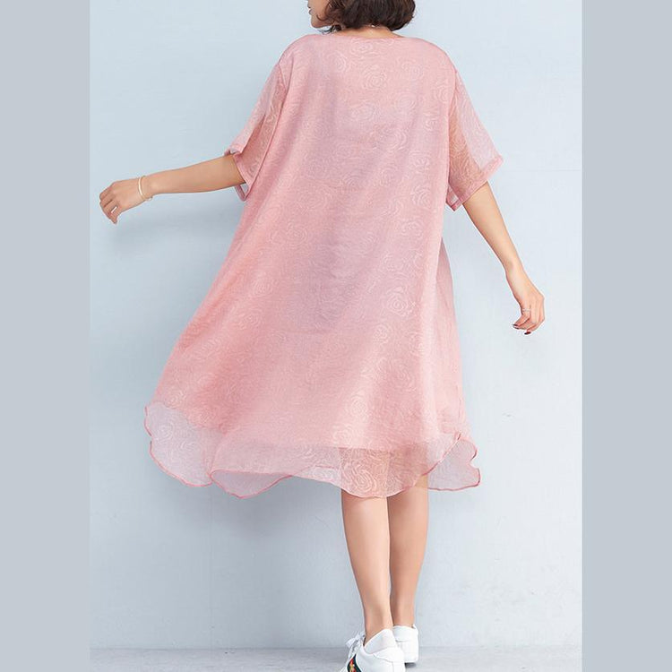 boutique pink floral Midi-length chiffon dress trendy plus size chiffon clothing dress vintage o neck short sleeve chiffon clothing dress - Omychic