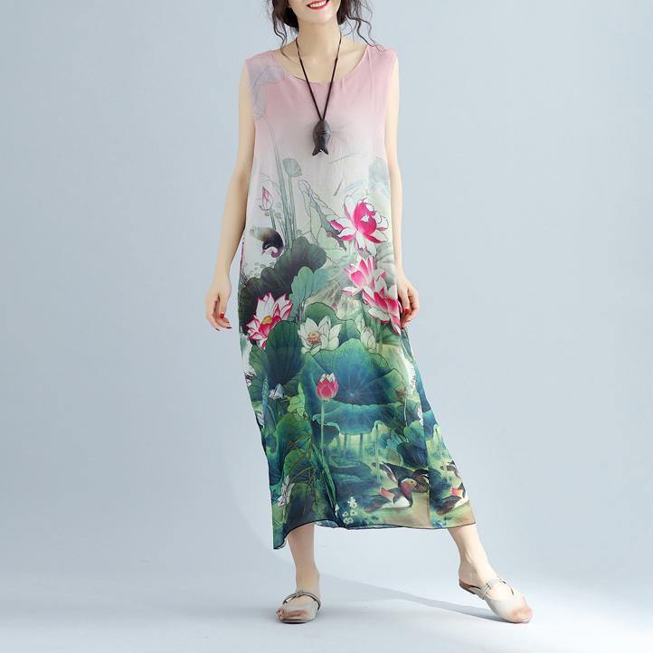 boutique pink floral cotton dresses casual sleeveless cotton maxi dress vintage side open cotton clothing - Omychic