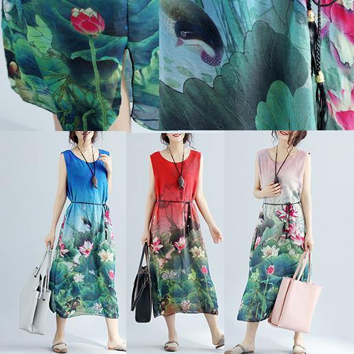 boutique pink floral cotton dresses casual sleeveless cotton maxi dress vintage side open cotton clothing - Omychic