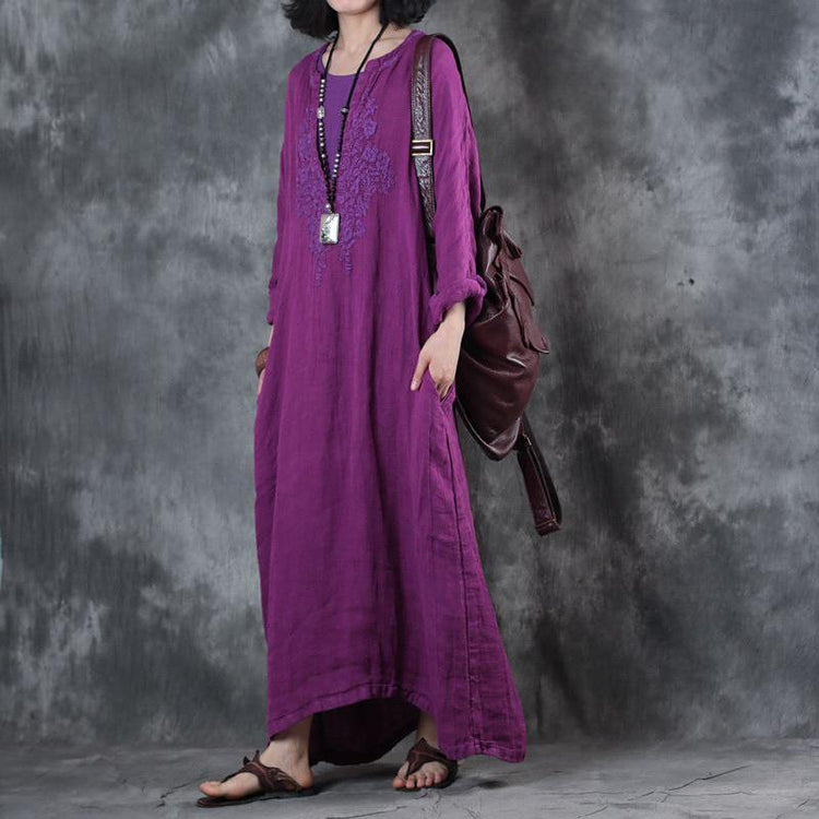boutique purple long linen dress plus size clothing embroidery gown women long sleeve kaftans - Omychic