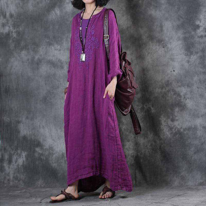 boutique purple long linen dress plus size clothing embroidery gown women long sleeve kaftans - Omychic