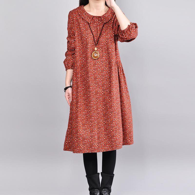 boutique red cotton shift dresses oversize casual dress casual o neck floral cotton dresses - Omychic