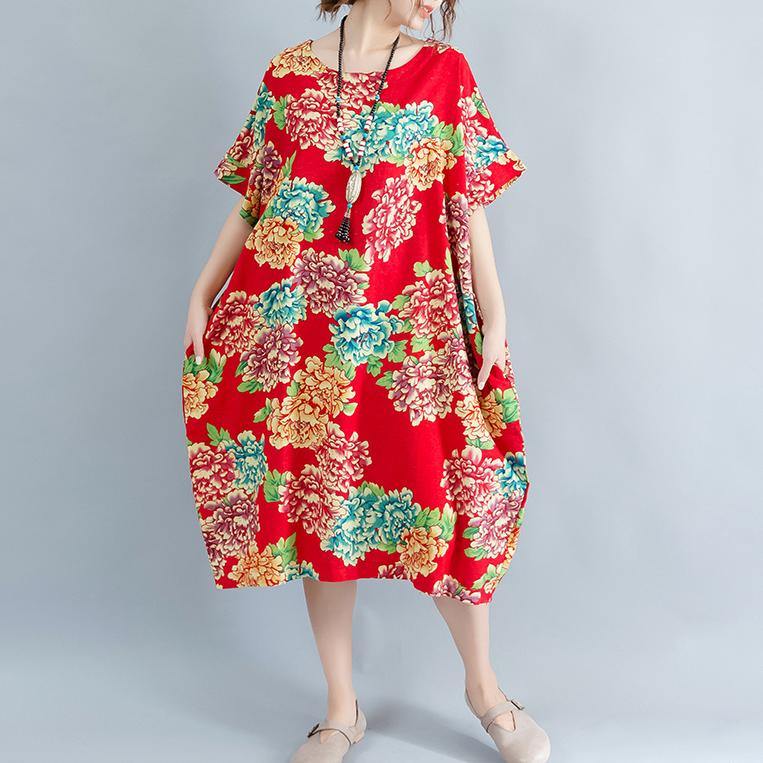 boutique red floral Midi-length linen dress plus size linen clothing dresses casual o neck short sleeve linen cotton dress - Omychic