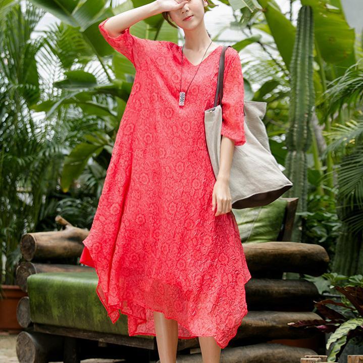boutique red floral cotton dresses plus size asymmetric hem silk maxi dress Elegant bracelet sleeved gown - Omychic