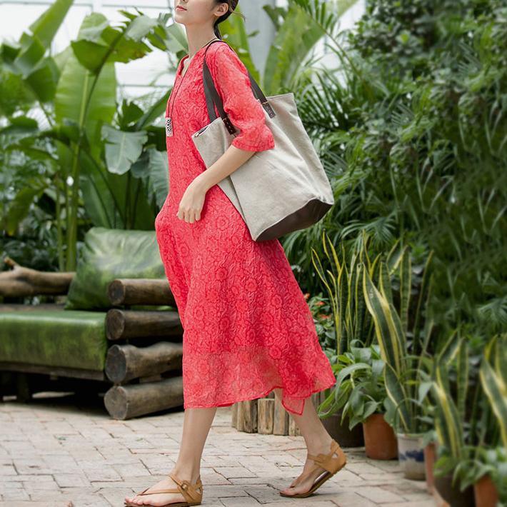 boutique red floral cotton dresses plus size asymmetric hem silk maxi dress Elegant bracelet sleeved gown - Omychic