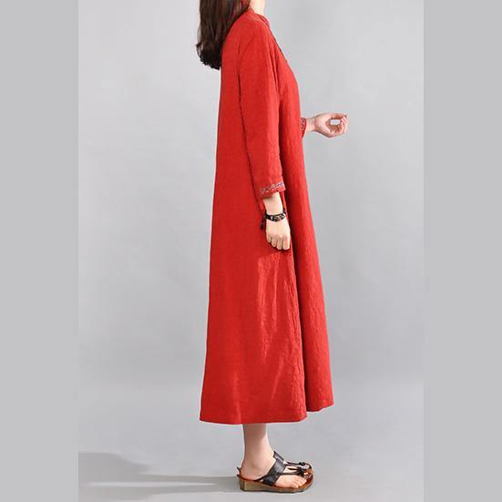 Boutique Red Linen Dresses Plus Size Clothing V Neck Cotton Gown 2021 Embroidery Caftans - Omychic
