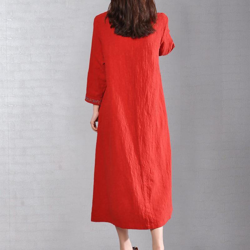 Boutique Red Linen Dresses Plus Size Clothing V Neck Cotton Gown 2021 Embroidery Caftans - Omychic