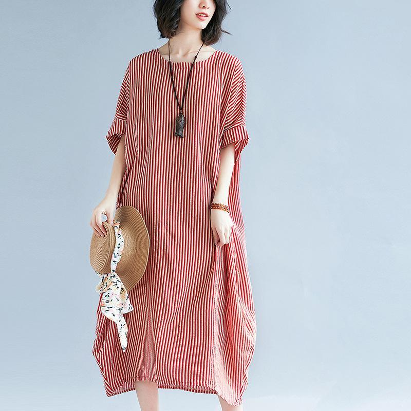 boutique red striped  linen dresses trendy plus size o neck gown New short sleeve linen caftans - Omychic