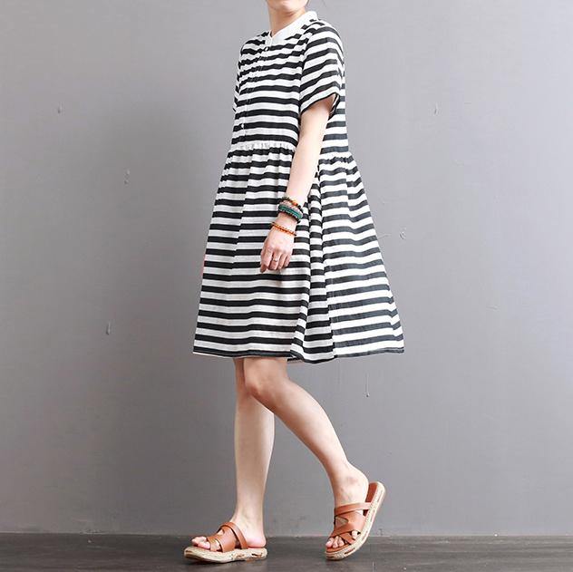boutique striped linen dress Loose fitting casual dress Fine patchwork o neck short sleeve natural linen dress - Omychic