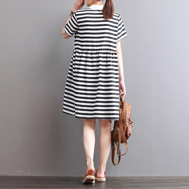 boutique striped linen dress Loose fitting casual dress Fine patchwork o neck short sleeve natural linen dress - Omychic