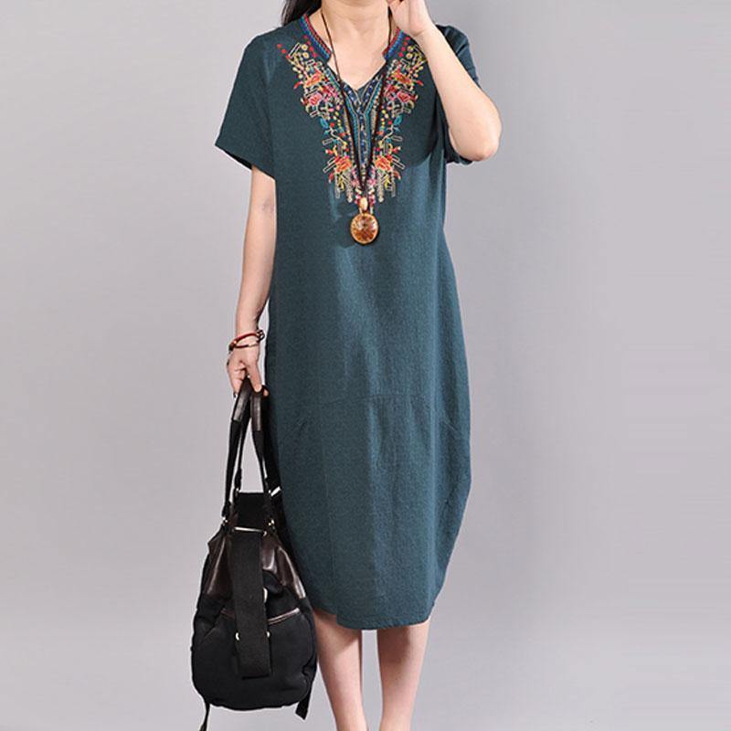 boutique summer dress oversize Casual Embroidered V Neck Dark Green Short Sleeve Dress - Omychic