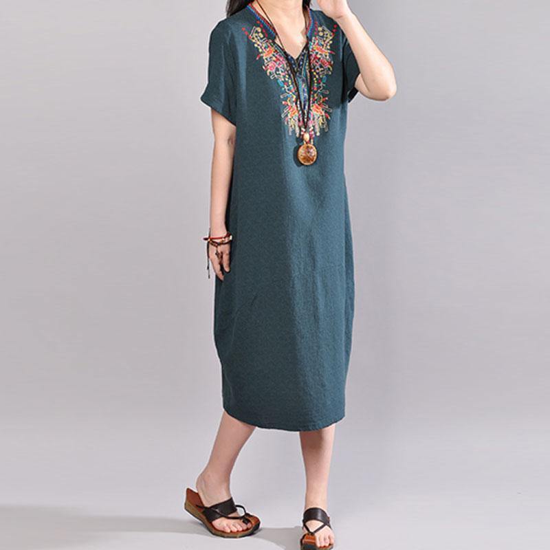 boutique summer dress oversize Casual Embroidered V Neck Dark Green Short Sleeve Dress - Omychic