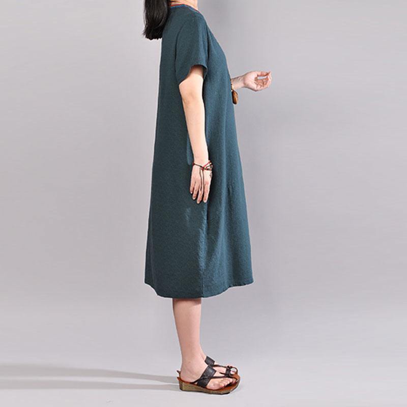 boutique summer dress oversize Casual Embroidered V Neck Dark Green Short Sleeve Dress - Omychic