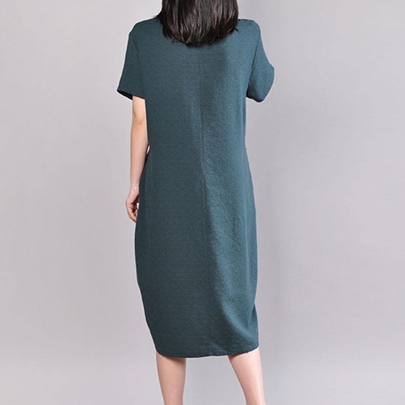 boutique summer dress oversize Casual Embroidered V Neck Dark Green Short Sleeve Dress - Omychic