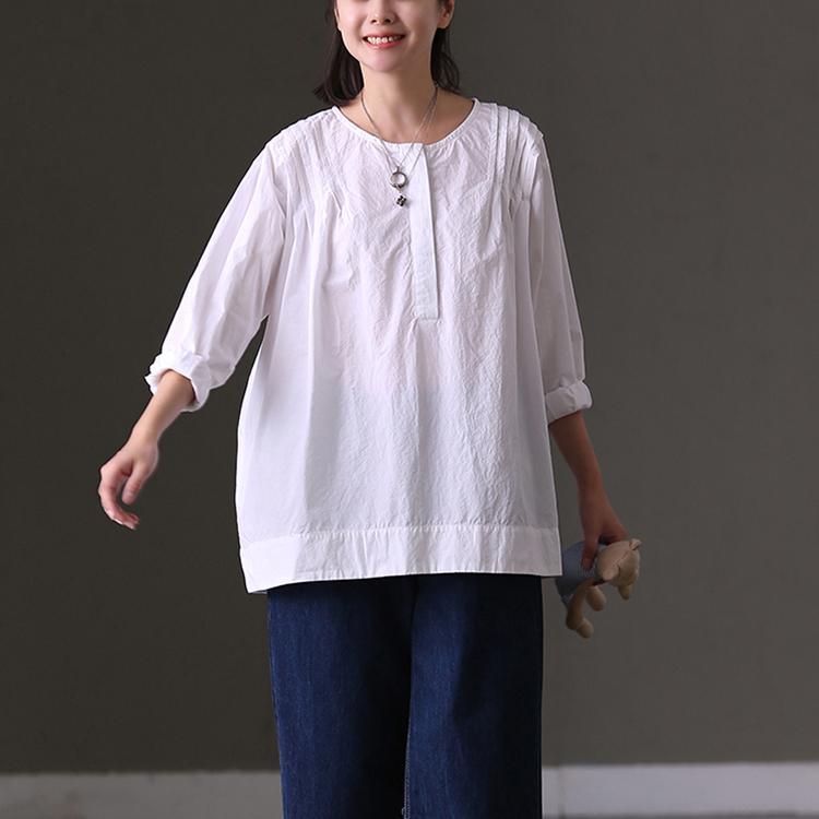 boutique white natural cotton t shirt plus size casual cardigans casual wrinkled bracelet sleeved natural cotton pullover - Omychic