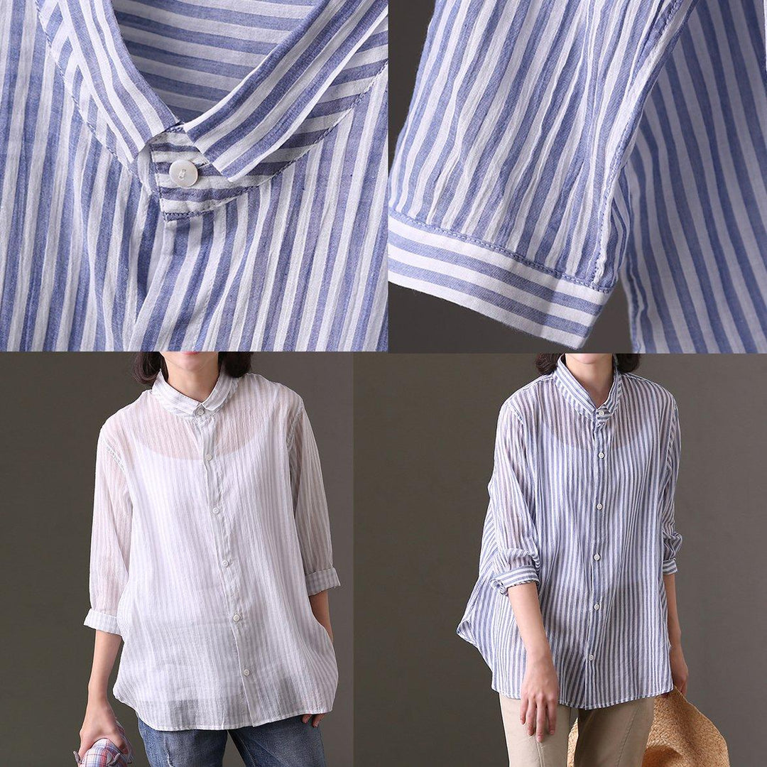 boutique white natural cotton t shirt plus size cotton clothing blouses Fine bracelet sleeved striped cotton clothing - Omychic