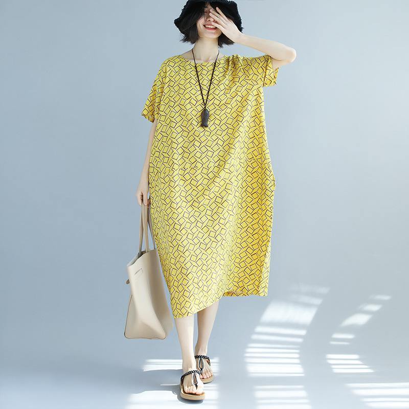 boutique yellow asymmetric plaid pure linen dresses   trendy plus size linen cotton dress New o neck short sleeve linen cotton dress - Omychic