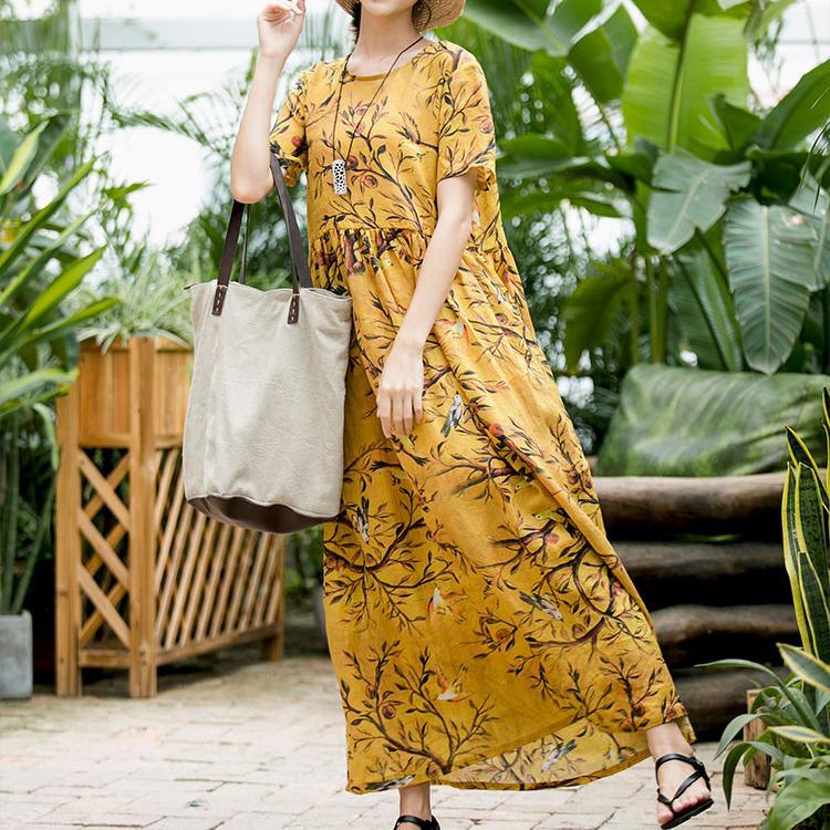 boutique yellow long linen dresses trendy plus size prints caftans boutique short sleeve gown - Omychic