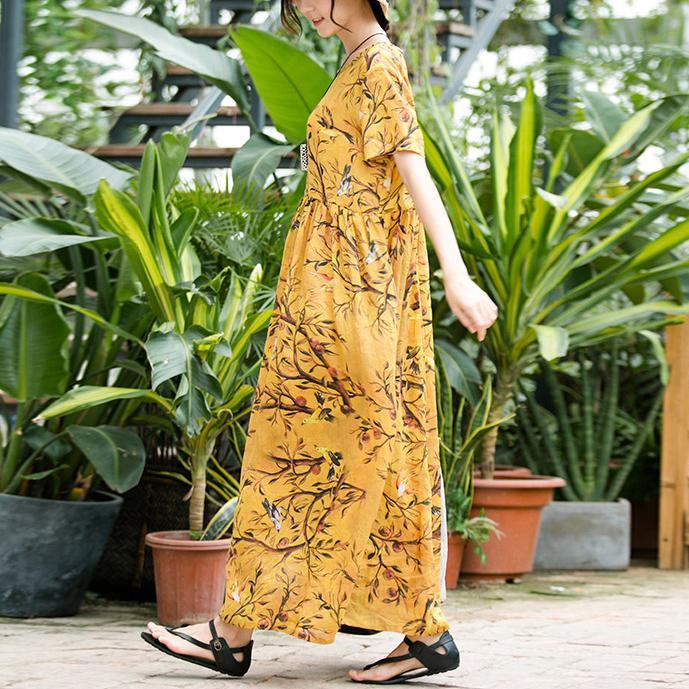 boutique yellow long linen dresses trendy plus size prints caftans boutique short sleeve gown - Omychic