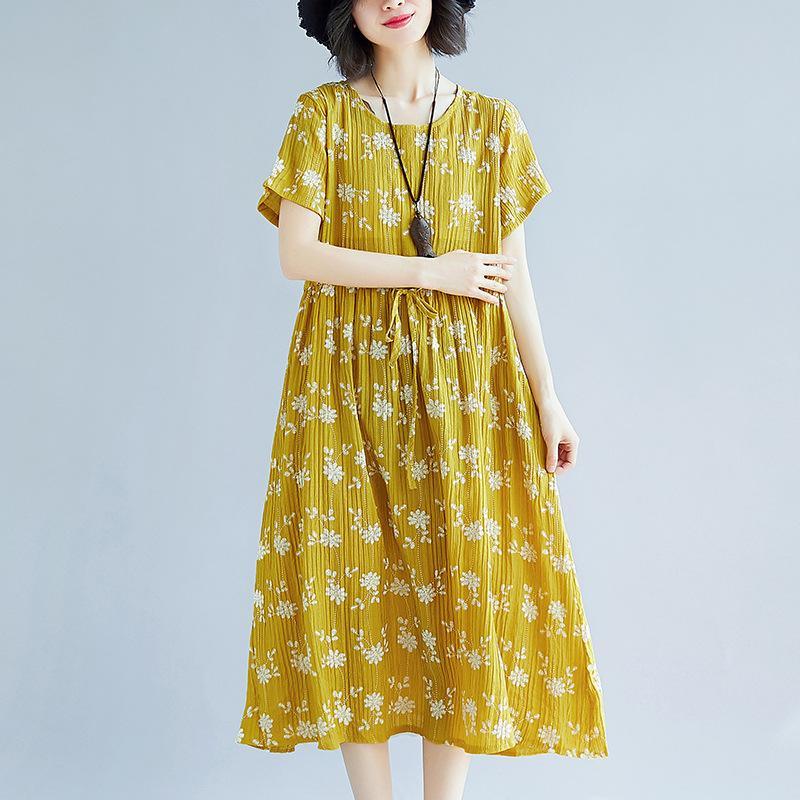 boutique yellow print  natural cotton dress  plus size short sleeve dress vintage tie waist dresses - Omychic