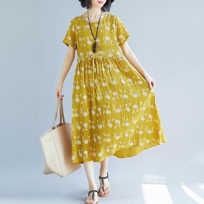 boutique yellow print  natural cotton dress  plus size short sleeve dress vintage tie waist dresses - Omychic