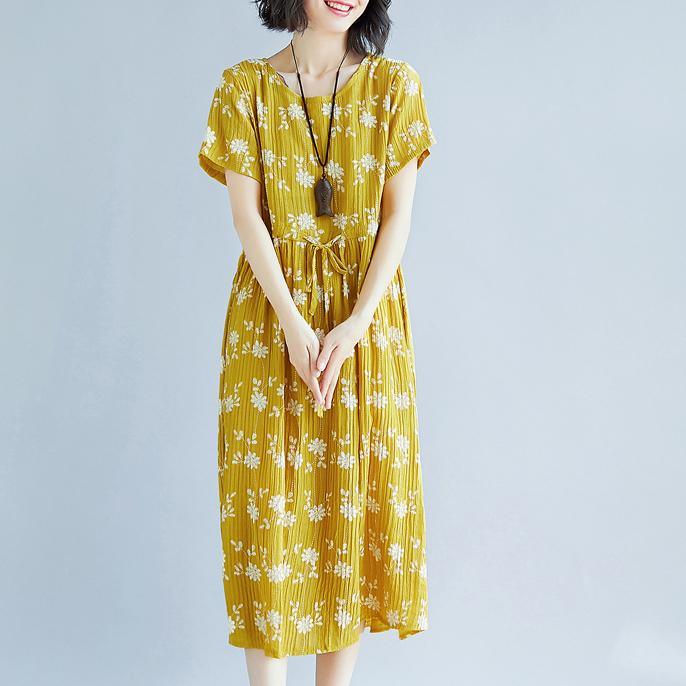 boutique yellow print  natural cotton dress  plus size short sleeve dress vintage tie waist dresses - Omychic