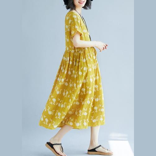 boutique yellow print  natural cotton dress  plus size short sleeve dress vintage tie waist dresses - Omychic