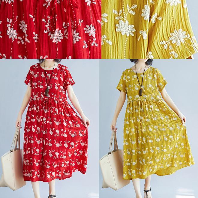 boutique yellow print  natural cotton dress  plus size short sleeve dress vintage tie waist dresses - Omychic