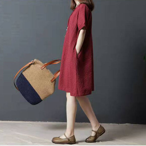 boutique red cotton shift dress oversize shirt dress women wild short sleeve natural cotton dress
