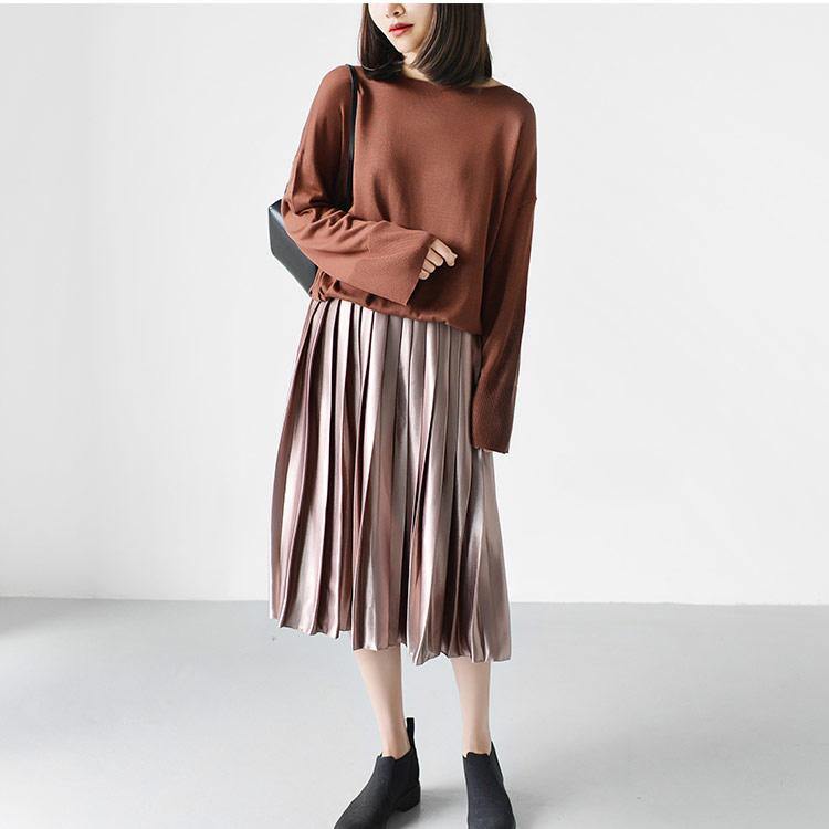 brick red casual long knit blouse women tops oversize clothing - Omychic