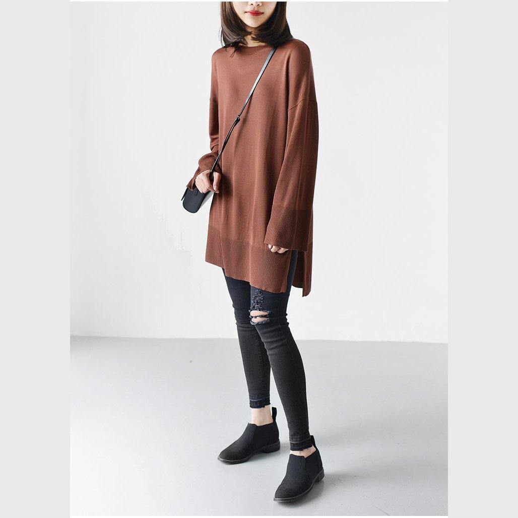 brick red casual long knit blouse women tops oversize clothing - Omychic